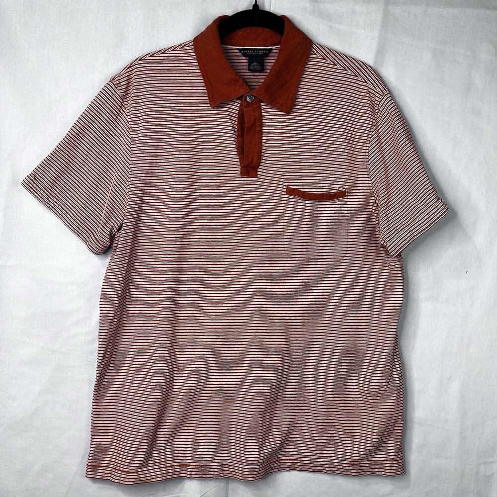 Banana Republic Cotton Linen SS Polo Men Sz L Burnt Orange Stripped Summer